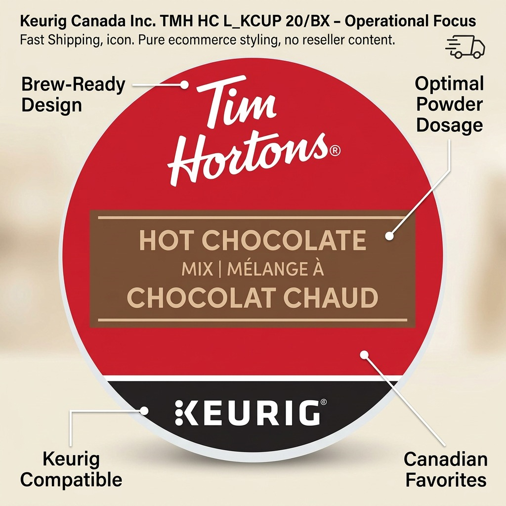 Operational details of the Tim Hortons hot chocolate K-Cup with features highlighted.