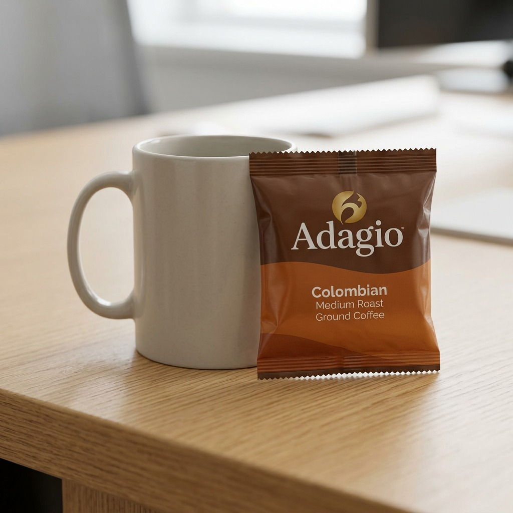 Scale reference photo for Adagio coffee fractional pack, propped near a ceramic mug.