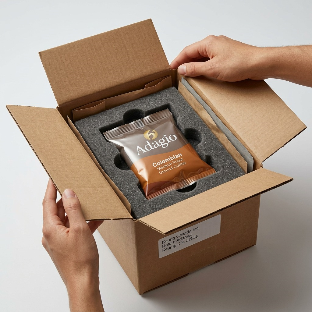 Secure unboxing of an Adagio Colombian coffee packet from a cushioned cardboard carton.