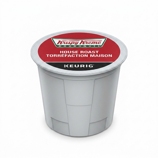 High-resolution hero shot of a single Krispy Kreme House Roast K-Cup against a white background.