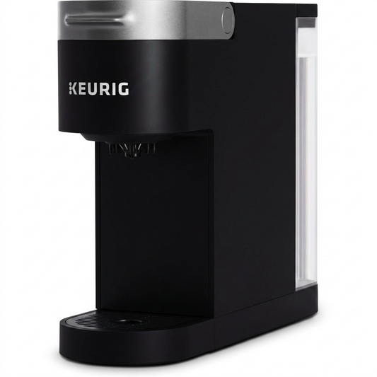 High-resolution hero shot of the Keurig K-Slim coffee maker, black with silver trim.