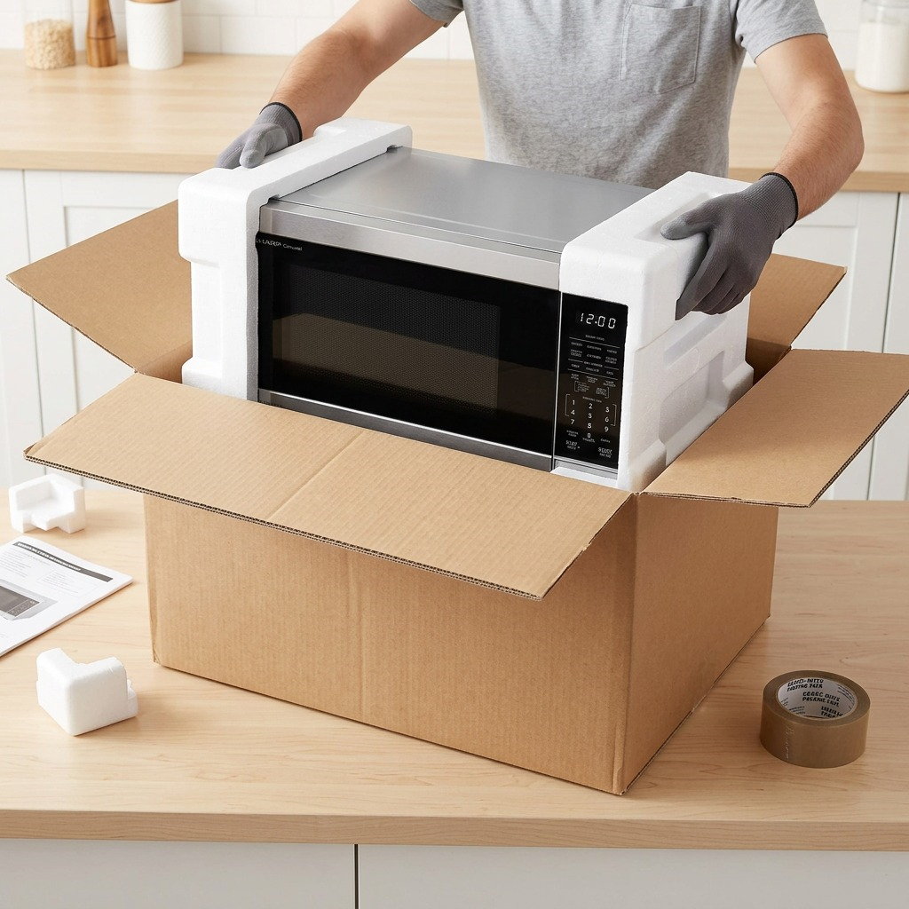A Gloved Unboxing: Lifting a well-protected stainless steel Sharp microwave from form-fitting styrofoam packaging in a cardboard box, ensuring damage reduction.