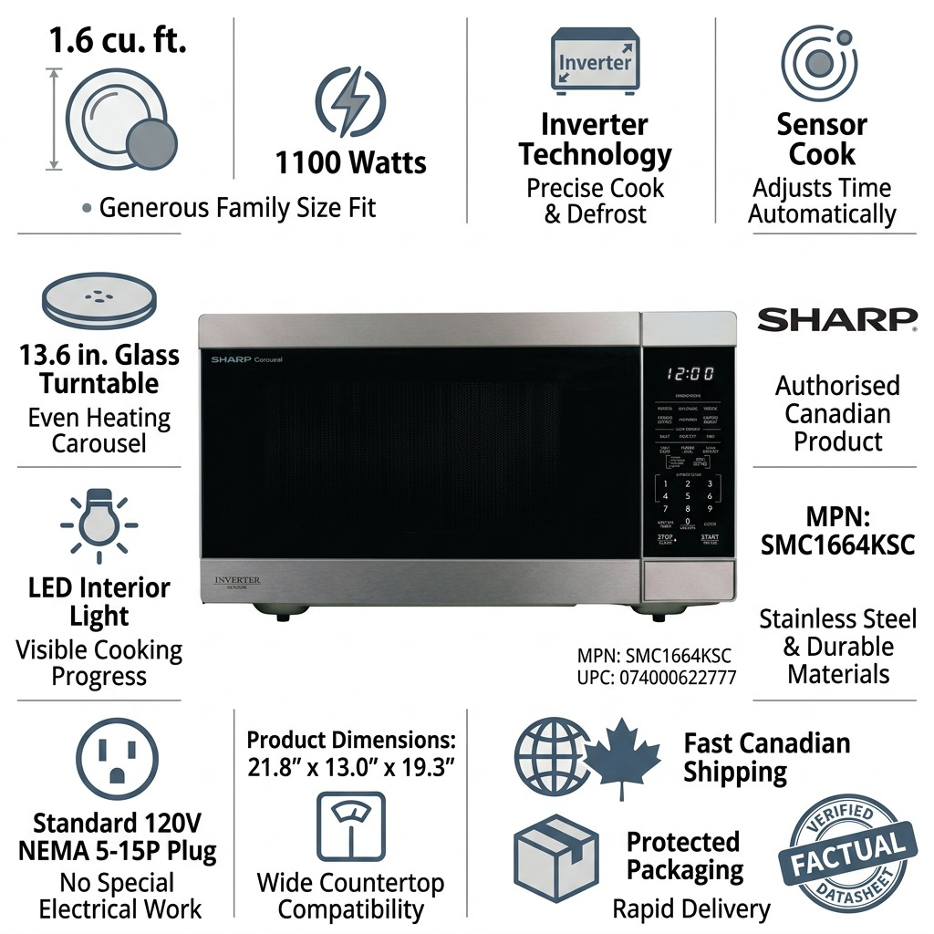Factual trust and authority infographic centered on the visual of the SHARP SMC1664KSC microwave, with detailed icons for key technical and reliability facts.