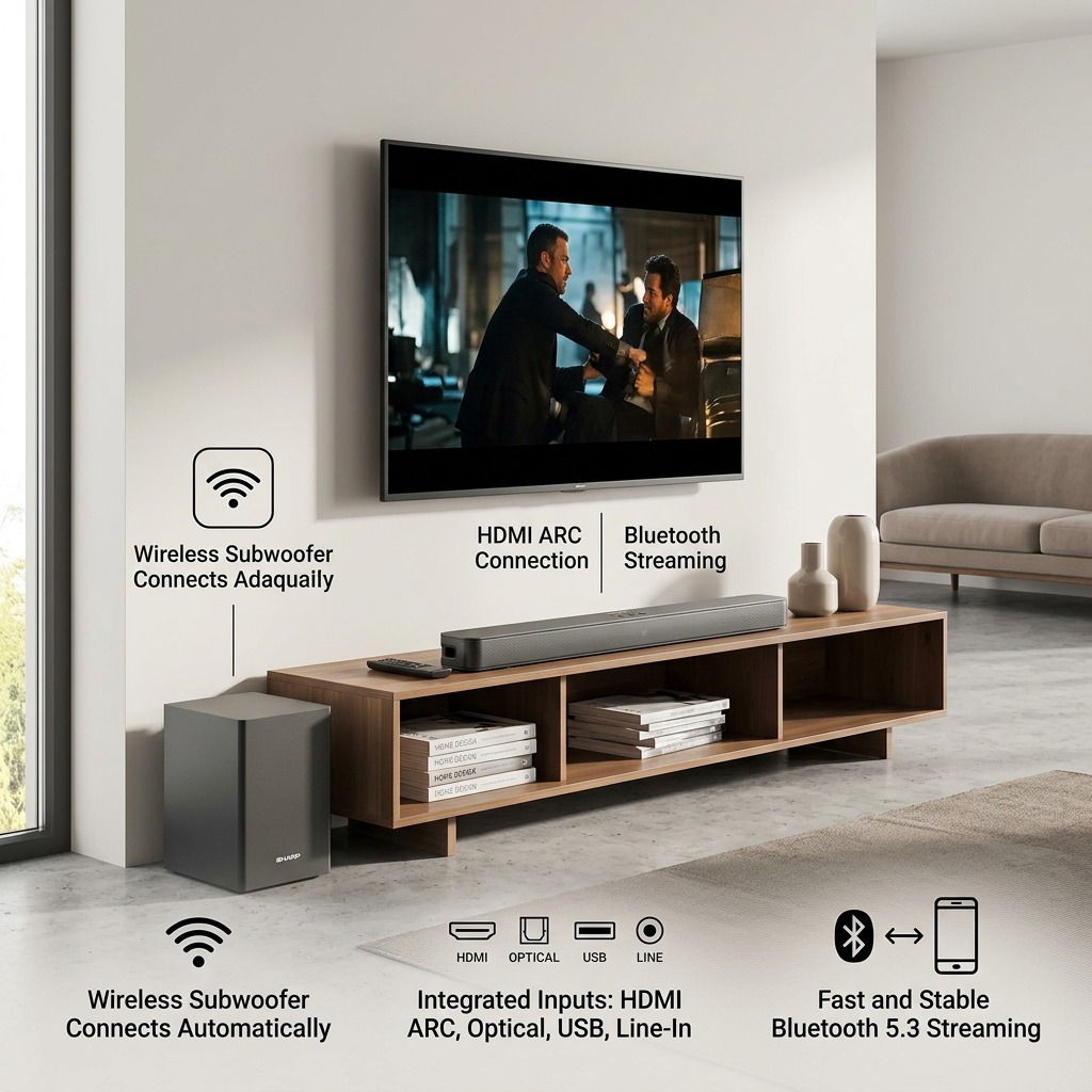 A stylized photograph of the SHARP HT-SBW192 soundbar and its wireless subwoofer in a modern room.