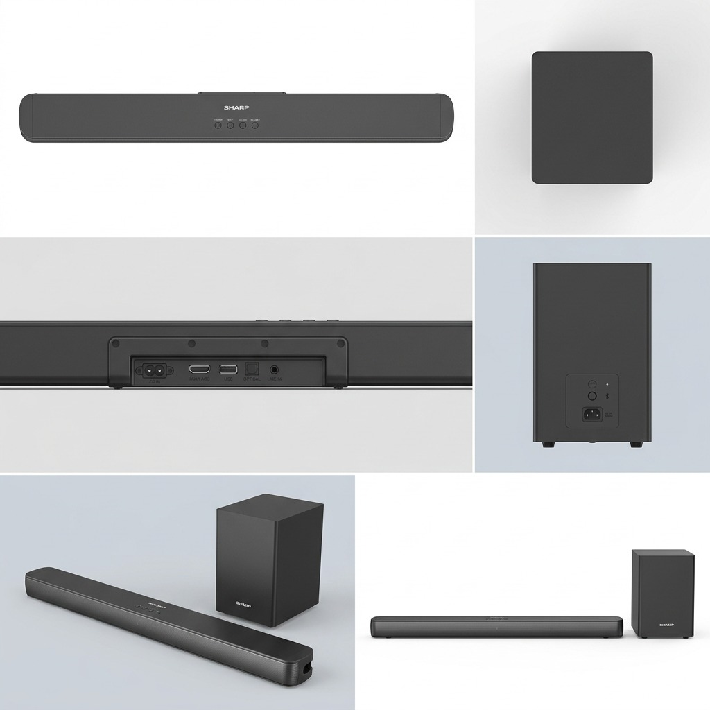 A premium 6-panel grid matrix showcasing the SHARP HT-SBW192 soundbar and wireless subwoofer from multiple verified angles and configurations.
