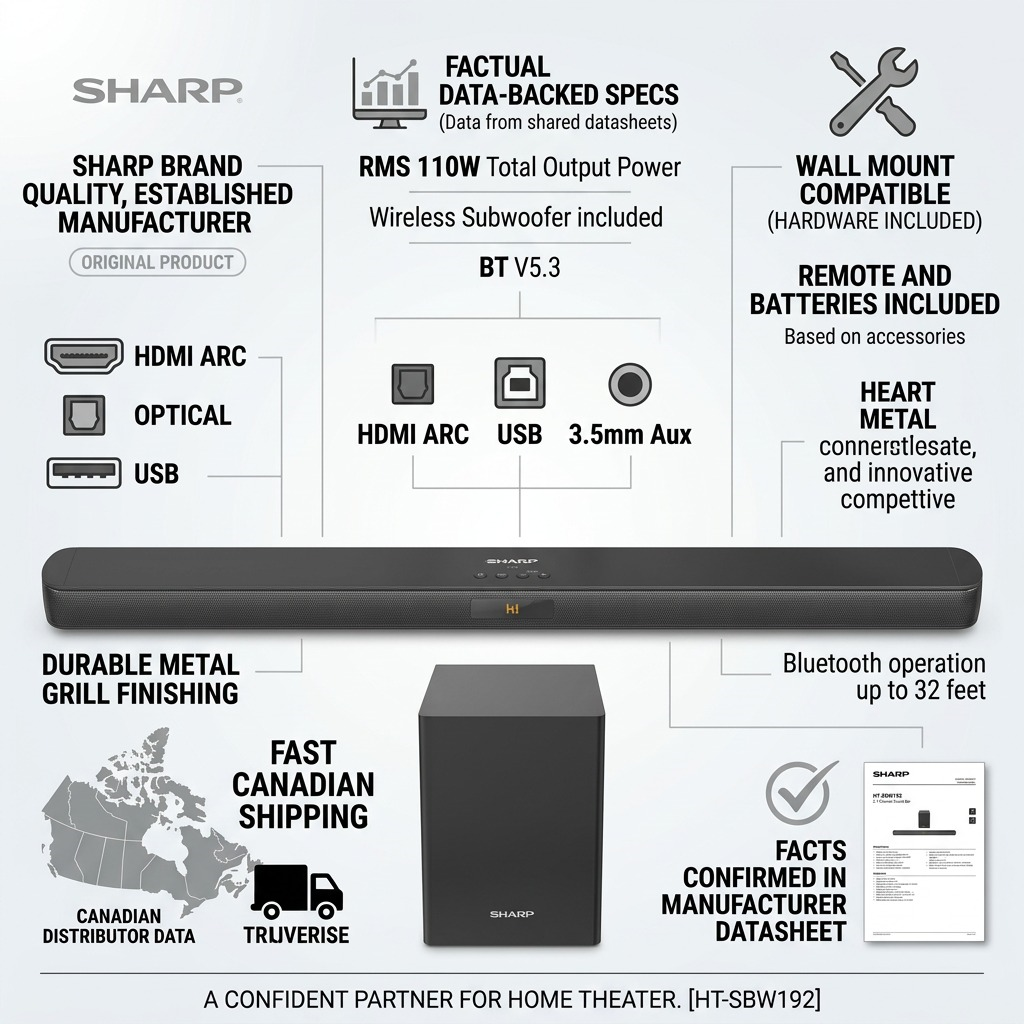 SHARP HT-SBW192 2.1ch Sound Bar Trust & Authority Infographic with factual spec cues.