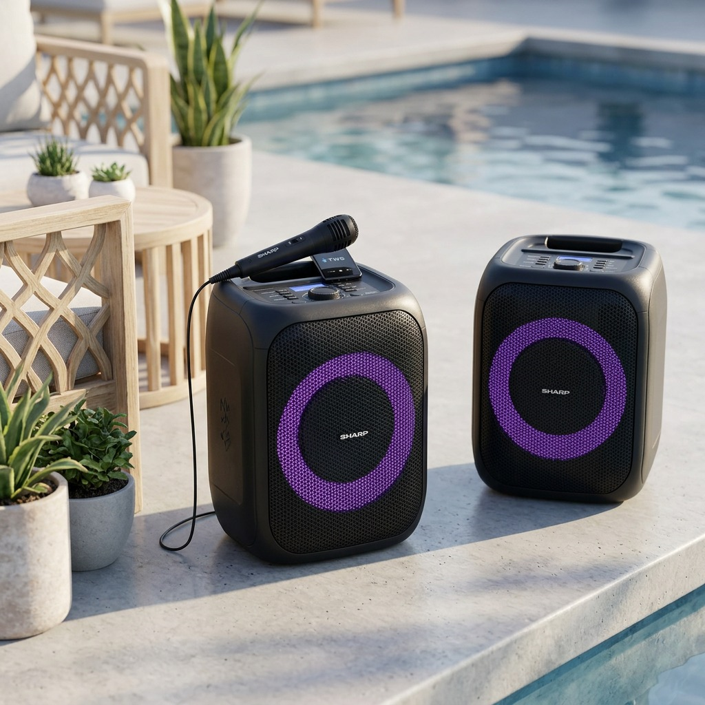 Sharp PS-914 speaker playing music and using TWS, poolside.