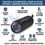 Sharp GX-BT390 Crystal Clear 60W Rugged Waterproof Bluetooth Speaker - Black - Vignette | Home Cozy Nest
