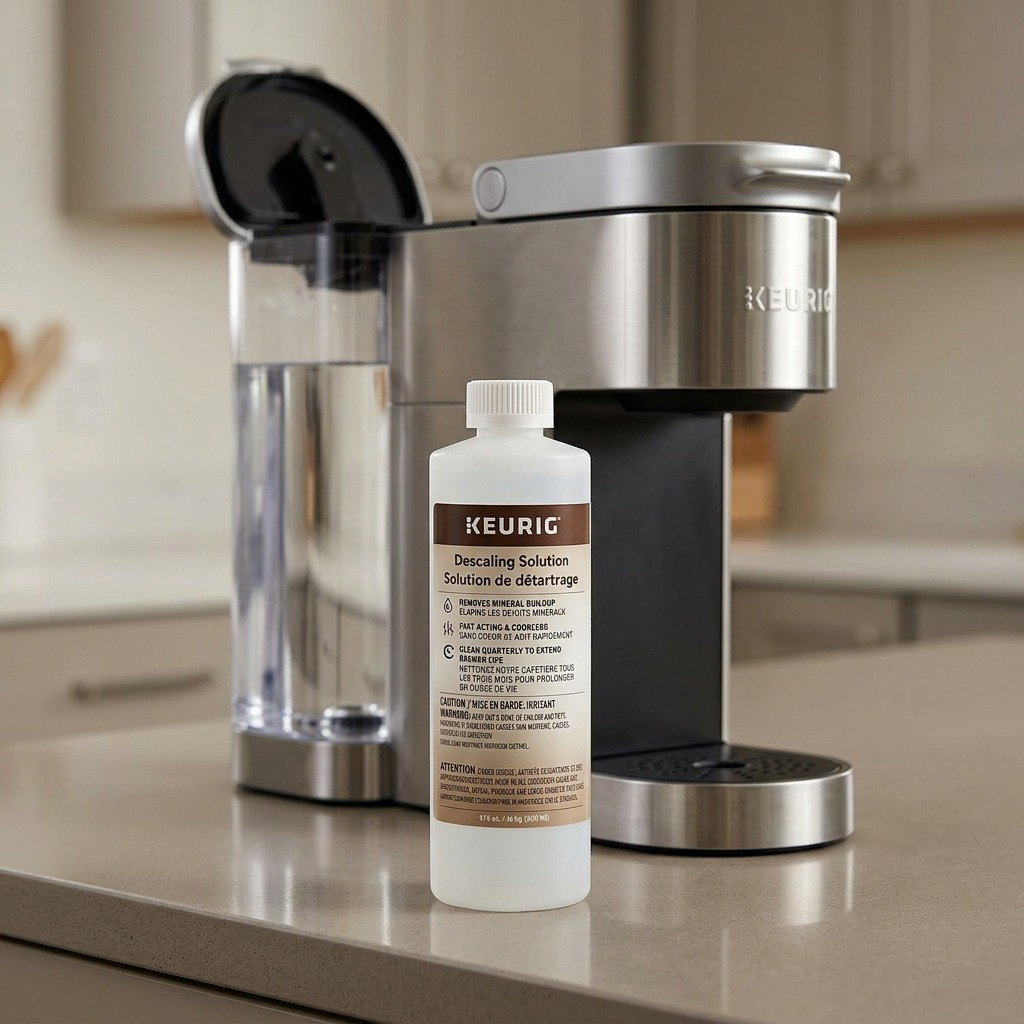 A photograph of the KEURIG Descaling Solution bottle next to a Keurig coffee maker, with water reservoir being filled.