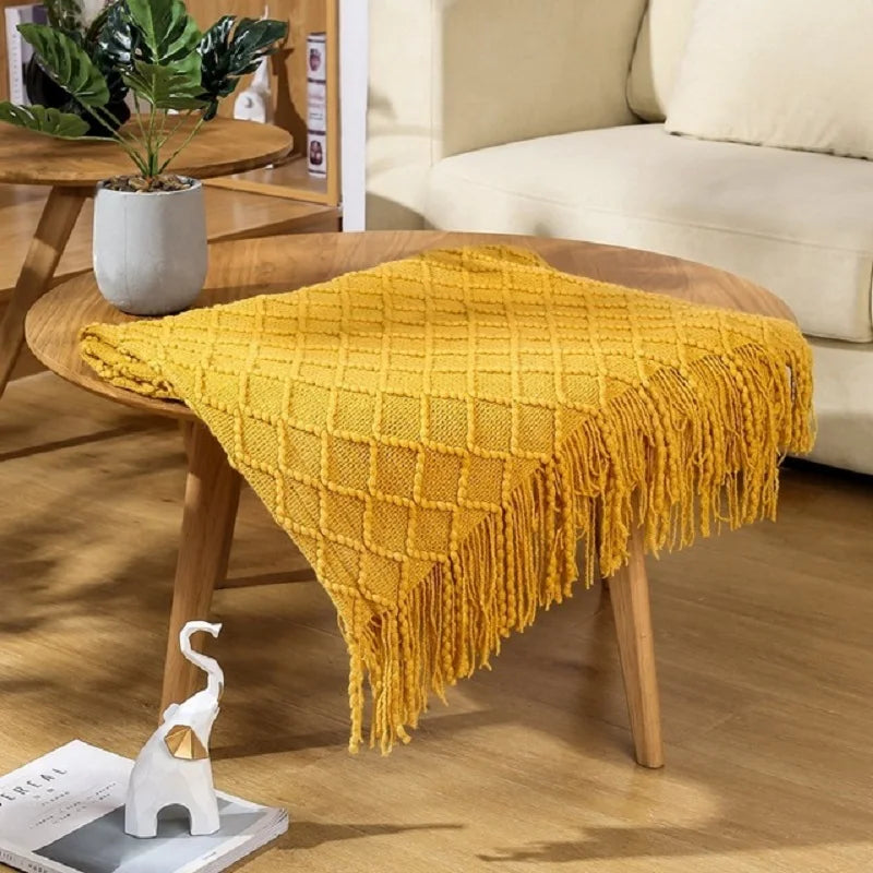 Couverture chaude tricotée jaune diamant