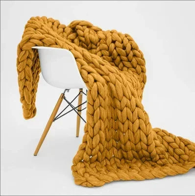 Couverture grosse maille jaune moutarde